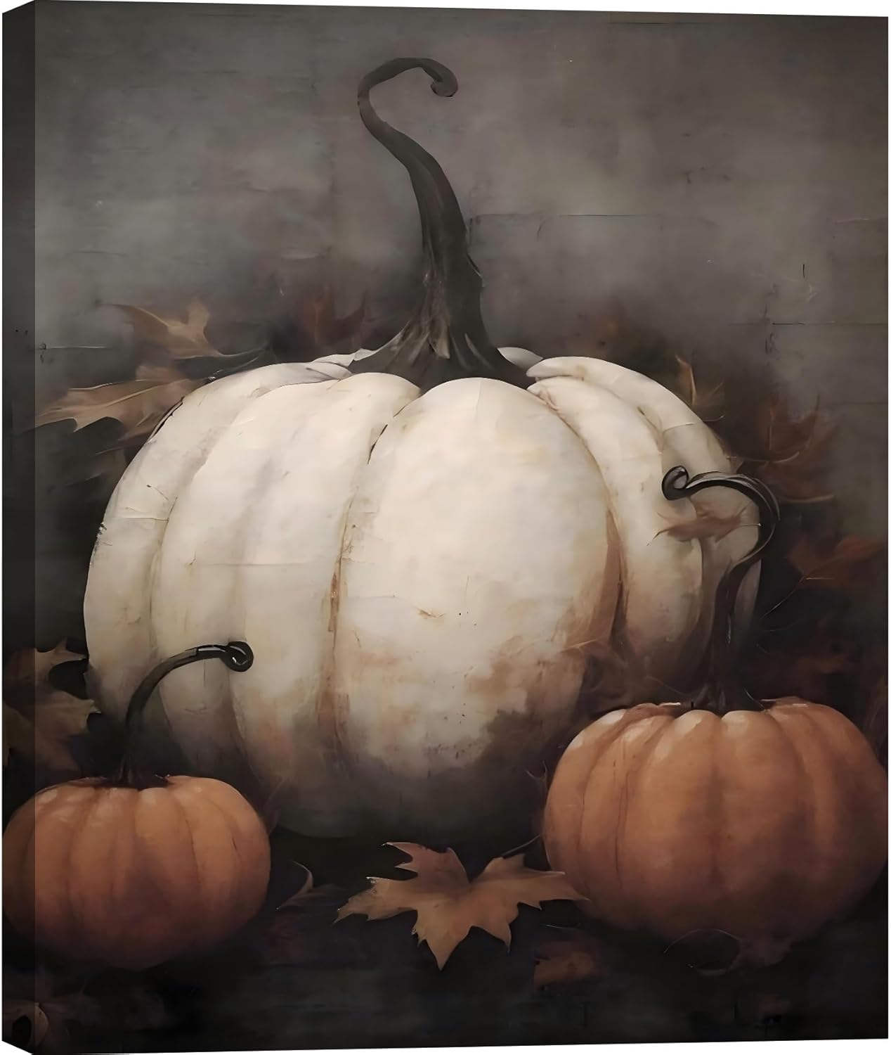 Framed Vintage Halloween Pumpkin Wall Art - Fall Rustic Texture Pictures Wall Decor for Living Room, Retro Autumn White Pumpkin Art Prints for Kitchen, Dinning Room, 20x30