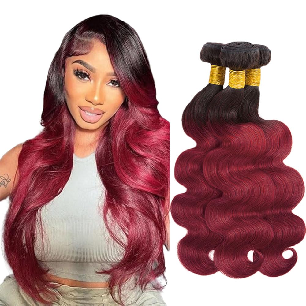 Burgundy Human Hair Bundles Ombre Red Body Wave Bundles 20 20 20 Inch Niegmeag 1B99J Body Wave Bundle 300g