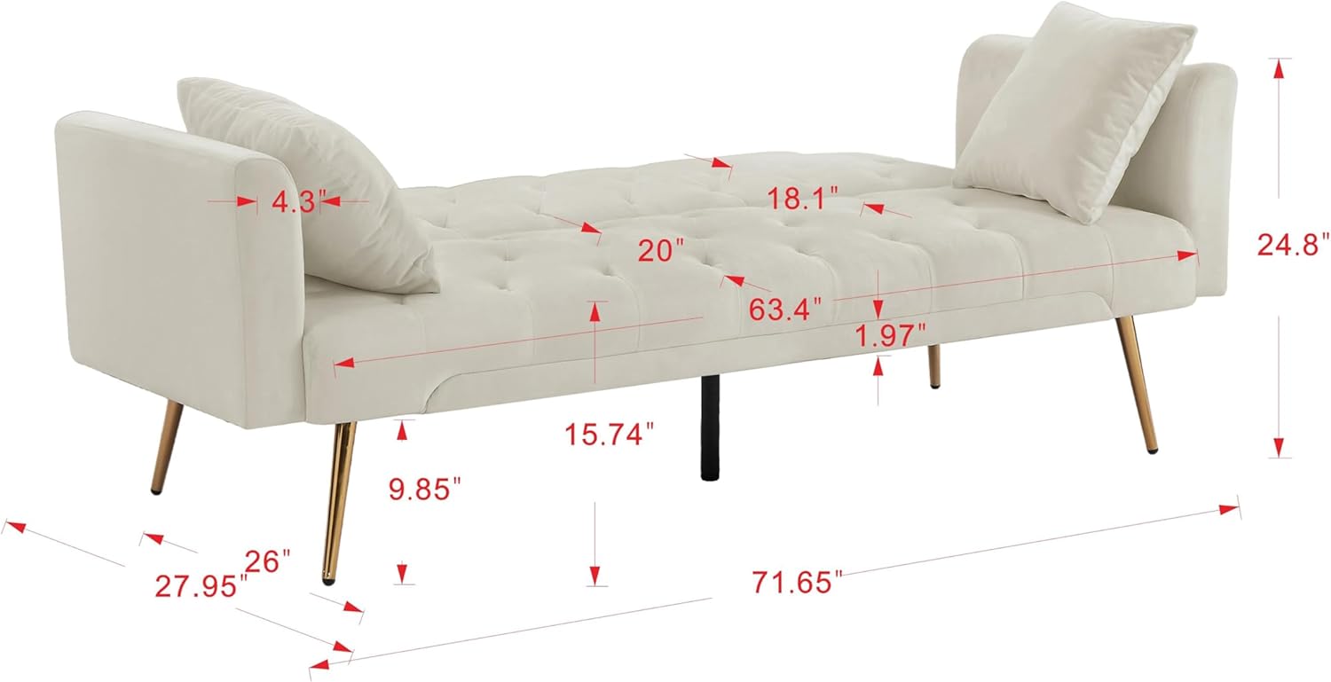 Velvet Futon Sofa Bed with Metal Legs & 2 Pillows