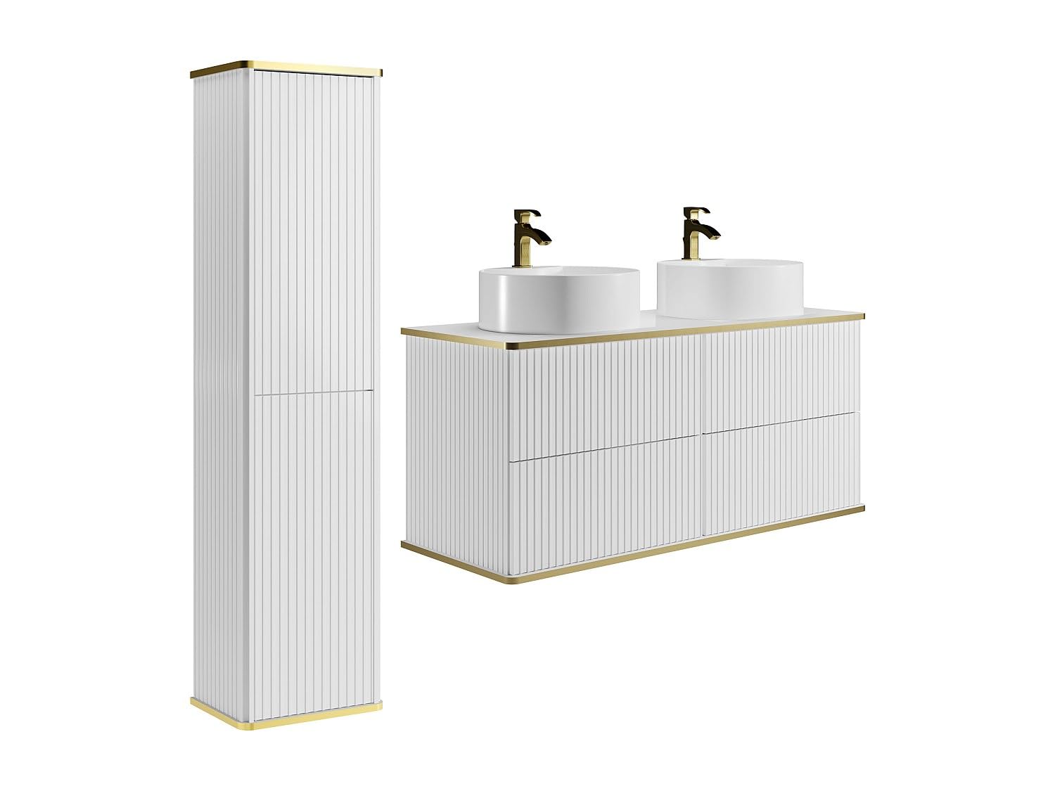 Vente-unique - Meuble de Salle de Bain Suspendu strié avec Double Vasque à Poser Ronde et Colonne - Blanc - 120 cm - KELIZA