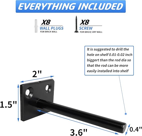 Floating Shelf Brackets 4 Inch Heavy Duty Hidden Shelving Brackets for Floating Wood Shelves Hardware Rod with 3/8 Diameter,4 Pack Solid Steel Blind Shelf Supports with Screws
