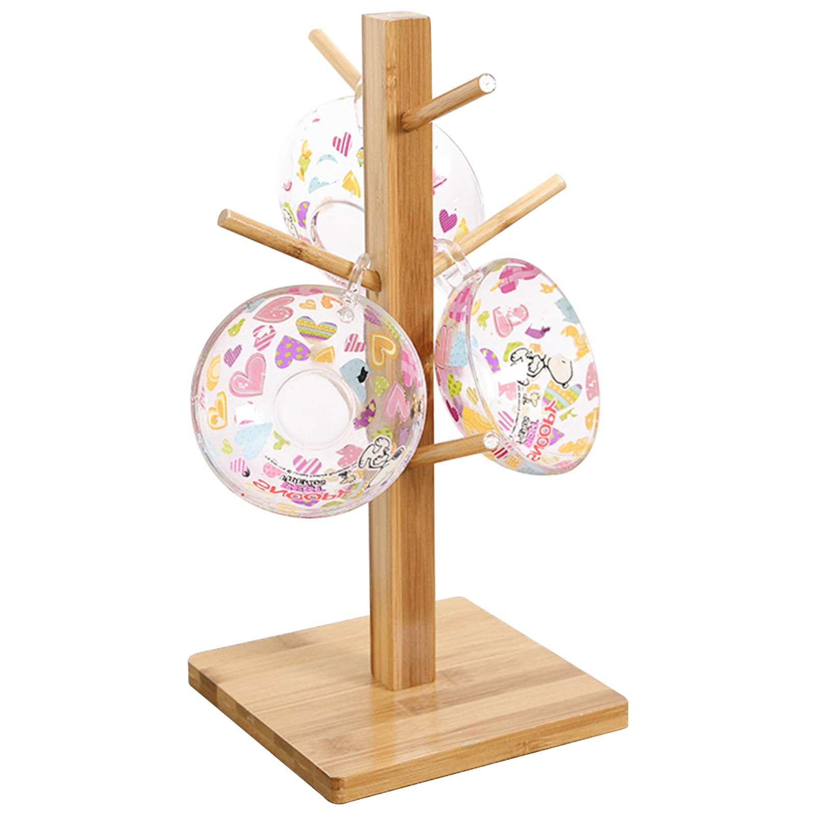 Kyygky Wood Color (Square) 6 Cups Mug Tree, Bamboo Cup Holder Tree Coffee Cup Holder Storage Rack Wood Cup Holder Storage Organizer Kitchen Mug Stand Hanger With Thickened Base For Coffee Mugs Tea Cups Tree, Square