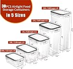 PRAKI Ensemble de 30 contenants alimentaires hermétiques pour organisateurs et rangement de cuisine, sans BPA, canisters en plastique avec couvercles - Céréales, farine et sucre, inclut 40 étiquettes, 6 cuillères et marqueur | Contenants de rangement en plastique pour céréales, farine, sucre.