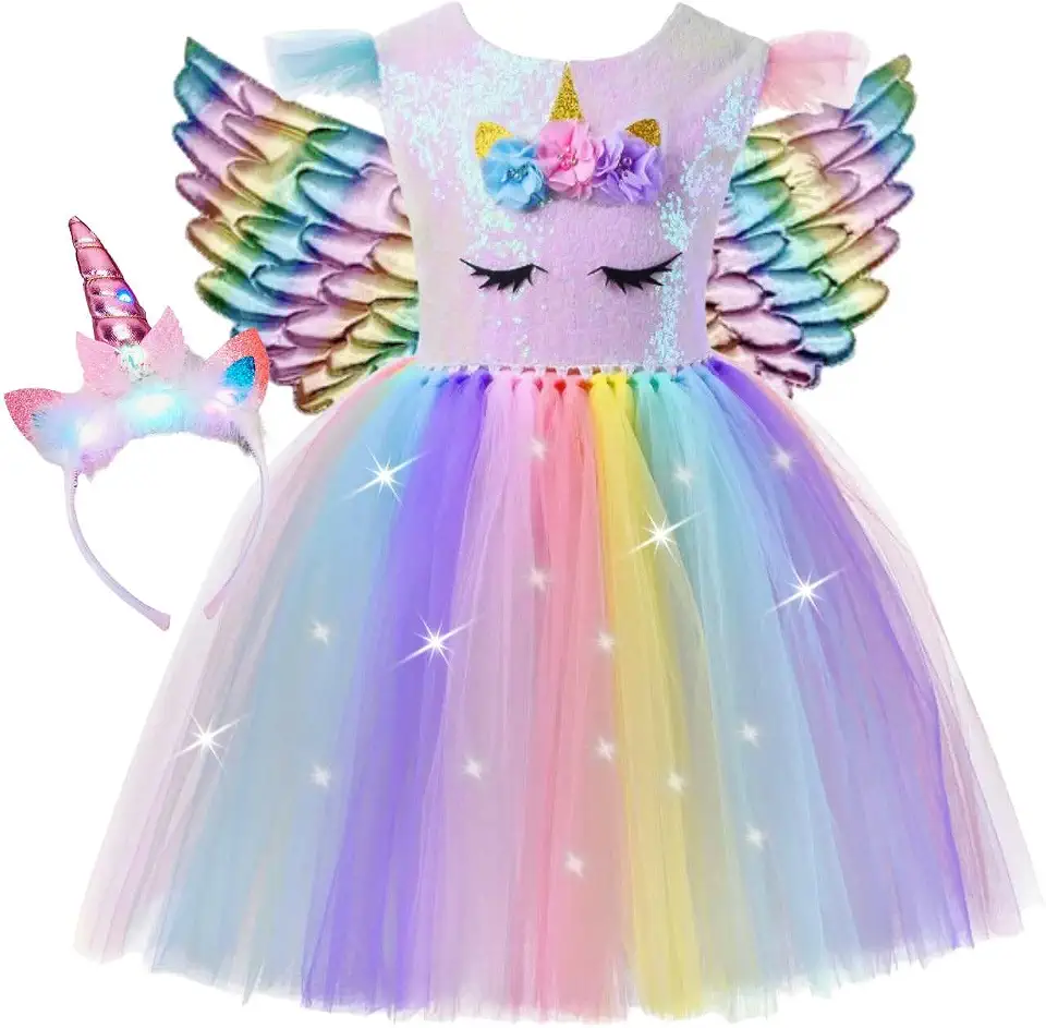 Fantasia Vestido Unicórnio Infantil TIARA + ASA + LED + COMPLETO Tutu Arco-Íris com LED, Traje para Festa e Carnaval