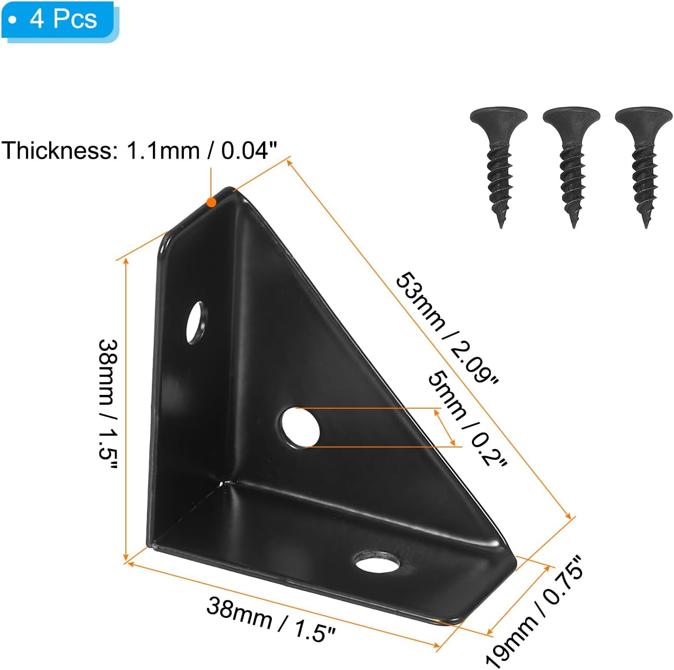 Corner Braces 1.5 x 1.5 Inch, 4 Pieces Triangle Shelf Bracket Joint Right Angle Bracket Cold Rolled Steel Braces Joining Support with Screws for Desk Bed Edge, Black