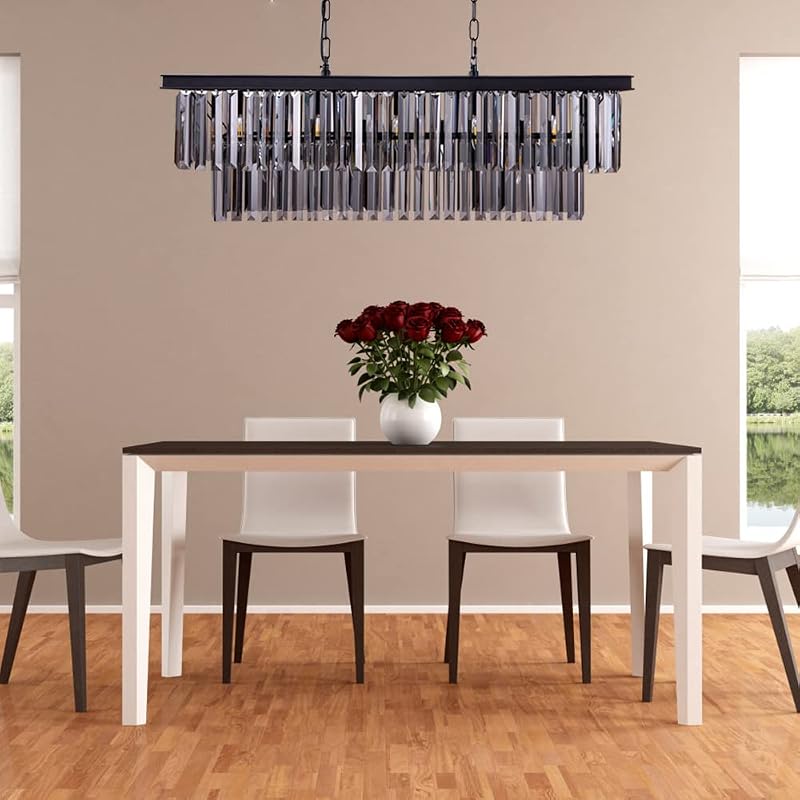 Wellmet Modern Kristály Csillár - 9 Izzós Füstszürke Üveg Függőlámpa, 89 cm Téglalap Alakú Mennyezeti Lámpa Nappaliba, Étkezőbe