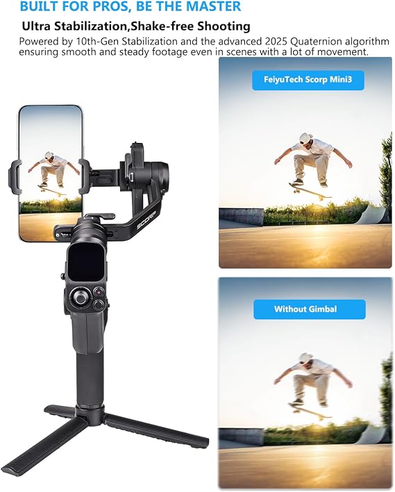 FeiyuTech Scorp Mini 3 Gimbal Stabilizer for iPhone, Built-in AI Tracker 3-Axis Smartphone Gimbal, Phone Stabilizer with Cooling Fan and Integrated Grip Design, Touch Screen, 2KG(4.41lb) Payload