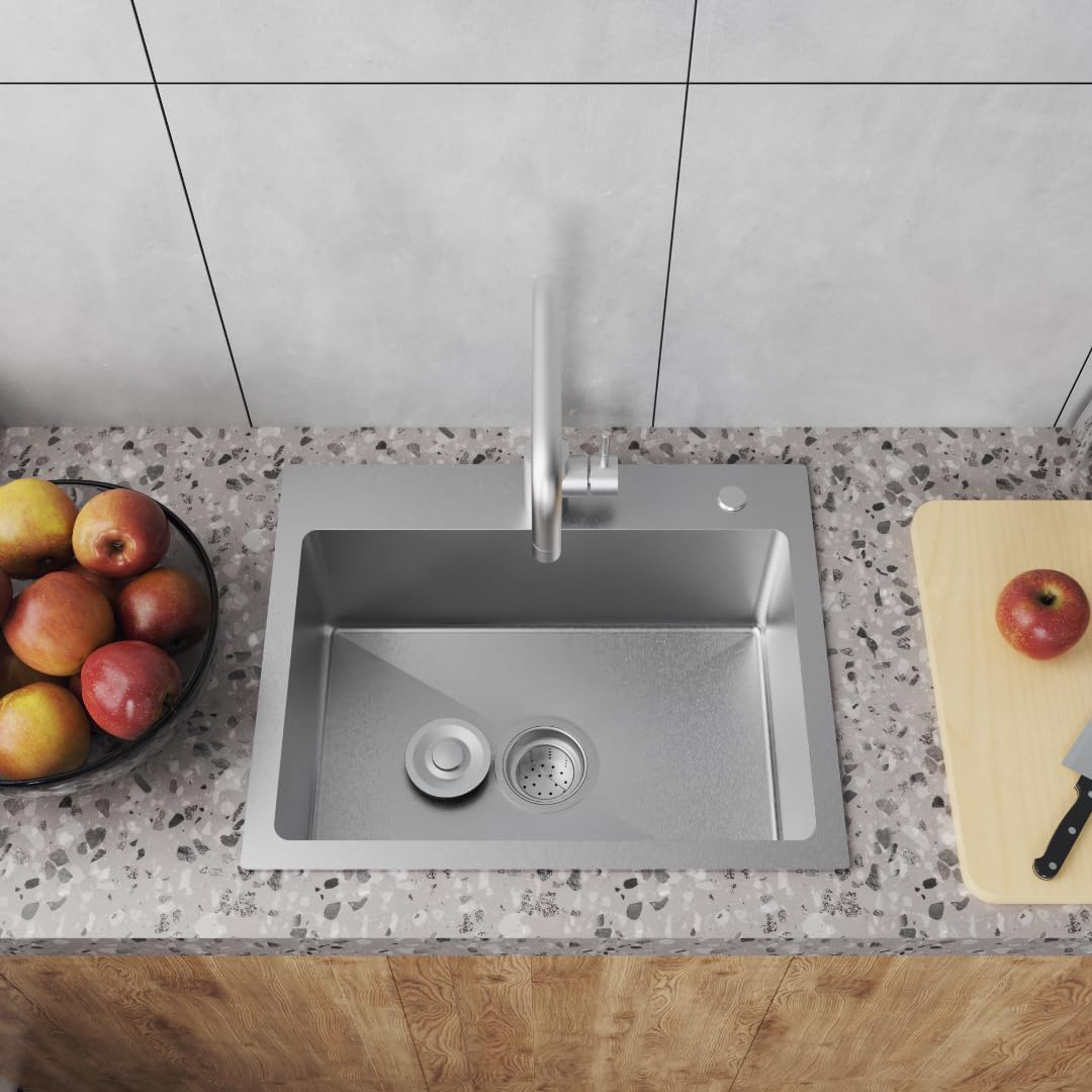 Bathenum 20" x 16" Drop in Kitchen Sink 304 Stainless Steel Single Bowl Topmount Bar Sink with Drain Kit and Bottom Grid, Silver