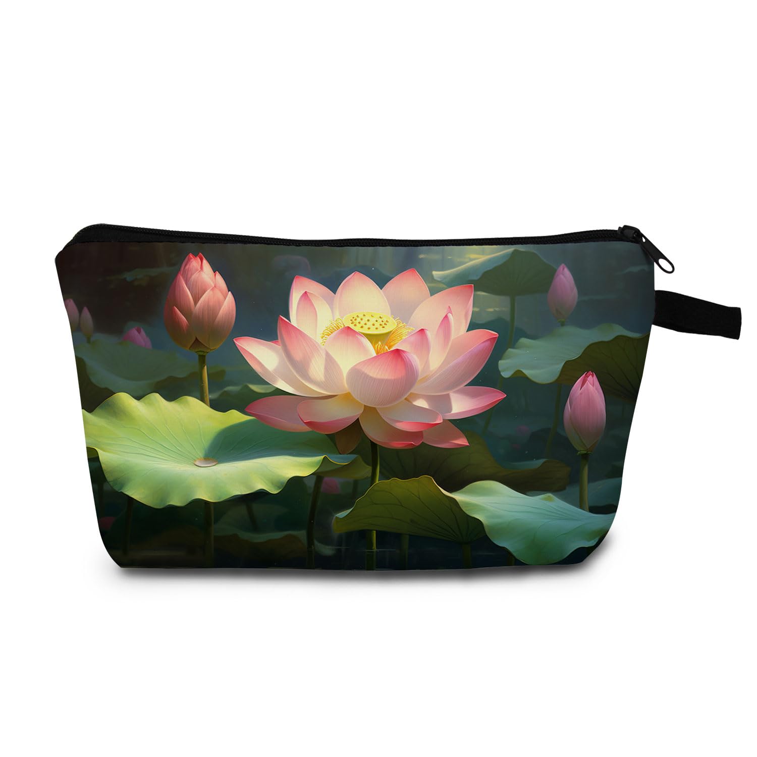 Bolsa de maquillaje para mujer, diseño de flor de loto, bolsa de almacenamiento de cosméticos, bolsa de almacenamiento para playa, viajes, pequeño kit de aseo, HZW0016, Bolsa estampada