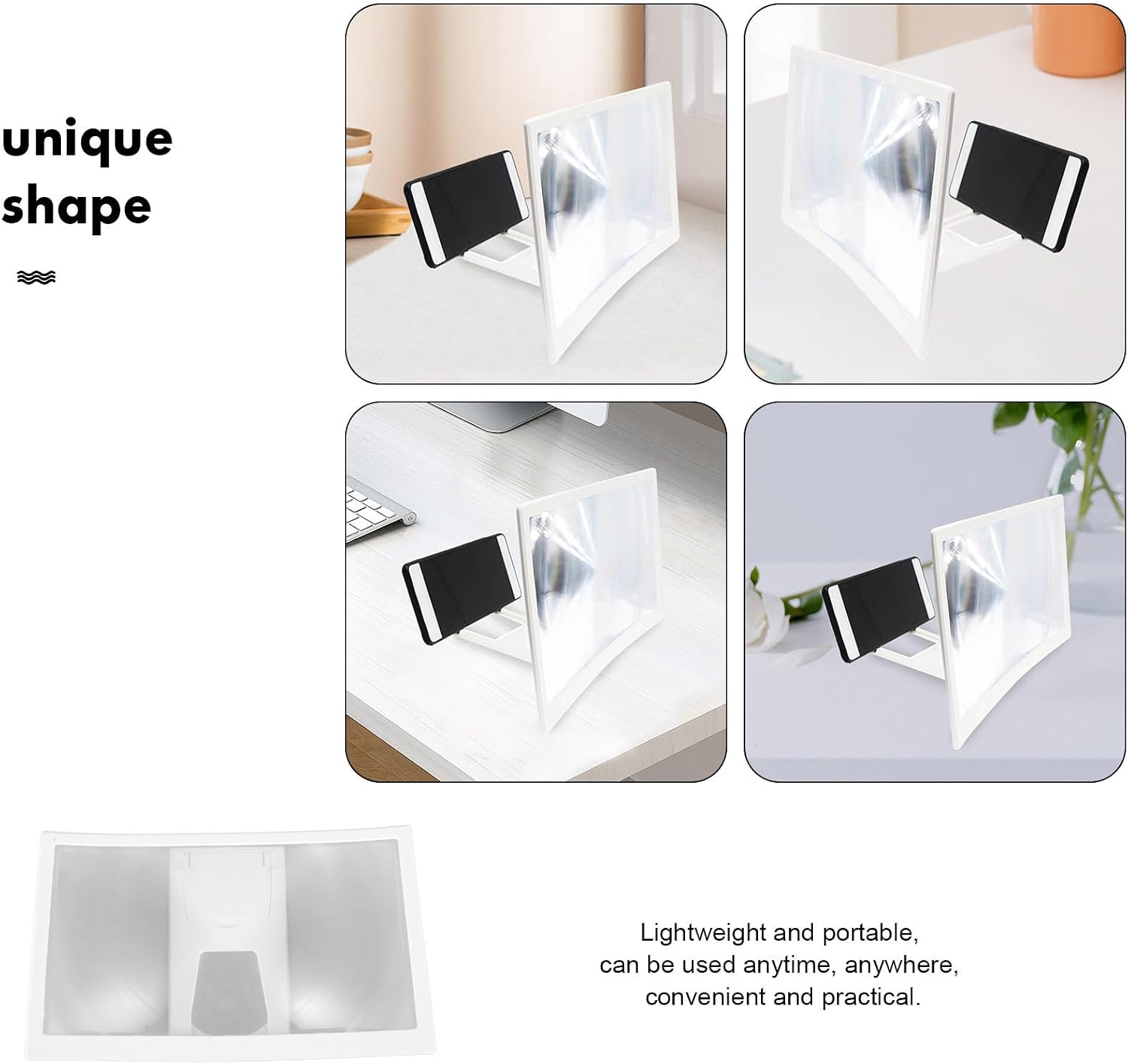 Curved 12-inch Phone Magnifier Screen with Folding Stand for Smartphones High-Definition Mobile Screen Amplifier for Video and Movie Viewing White Cell Phone Enlarger