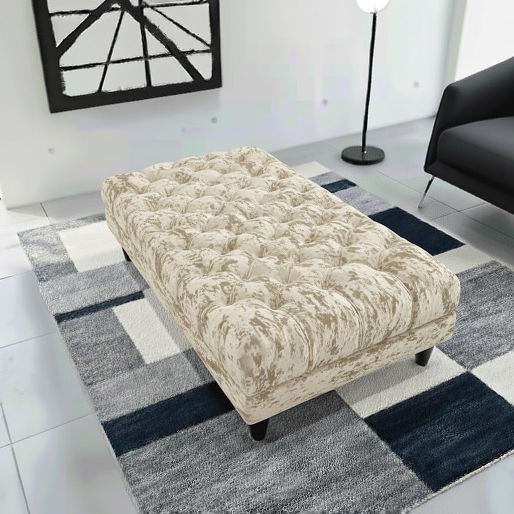 mm08enn Luxury Chesterfield LID Footstool Ottoman Box Pouffe Foot Rest in Plush Fabric and Crushed Velvet Fabric (Cream Crushed Velvet Fabric)