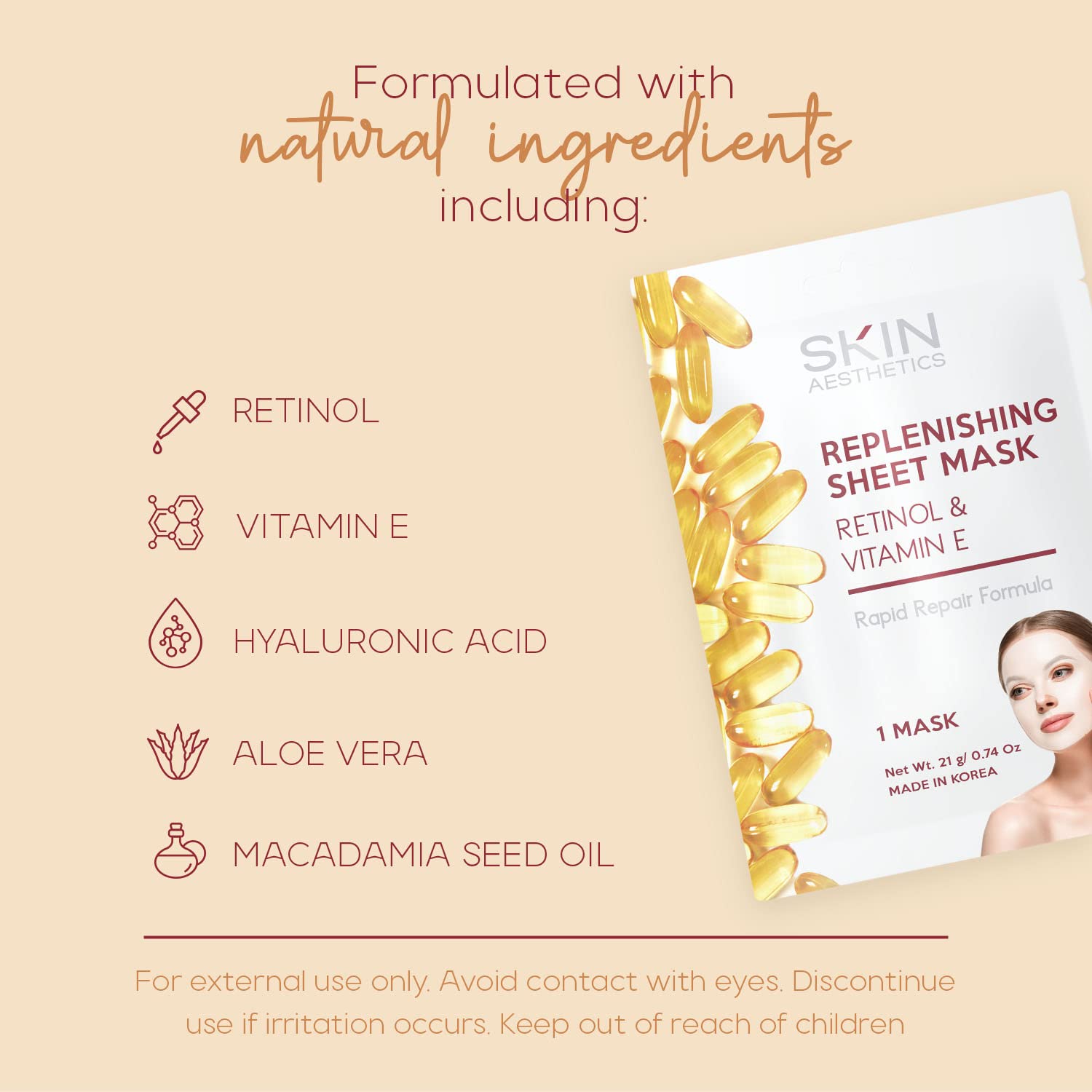 Skin Aesthetics Maska na twarz z retinolem i witaminą E, naprawia skórę, zmniejsza drobne linie i zmarszczki, przeciwstarzeniowa - przetestowana dermatolog koreańska pielęgnacja skóry - czyste piękno