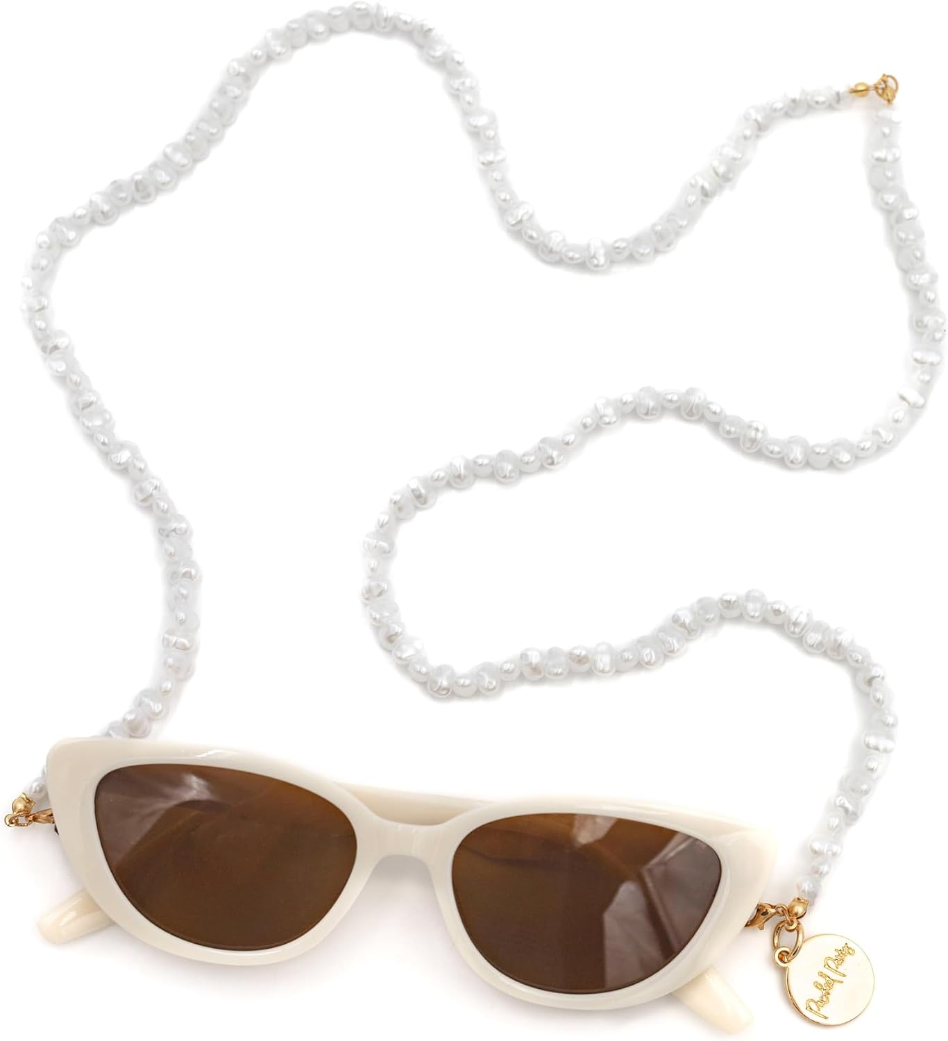 Packed Party Sunny Daze Cat Eye Sunglasses and Pearl Shell Chain Set - White Cat Eye with Freshwater Pearl Chain, 1.75x5.75 Inch Sunglasses with 31.5 Inch Chain