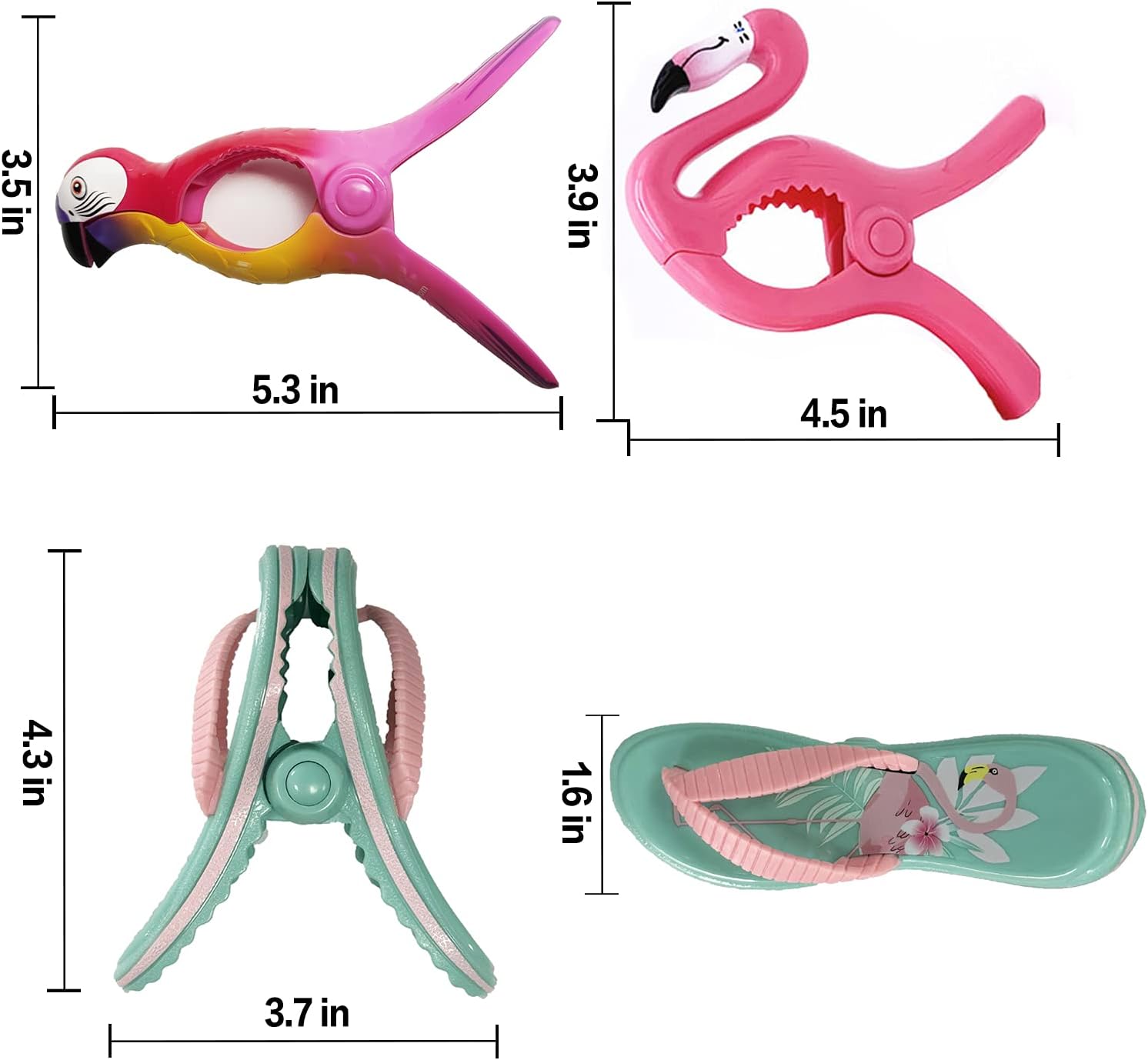 6 Pieces Beach Towel Clips, Flip Flop Towel Holders, Flamingo Chair Clips, Parrot Clips, Clothes Pins in Prefect Size for Pool Loungers Blanket