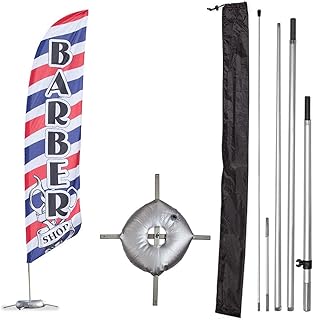 Vispronet Premium Barber Shop Feather Flag Kit - Includes 13ft Sectional Aviation Grade Fiberglass Poles, Barber Shop Flag, Cross Base Weight Bag Pole Sleeve Bag
