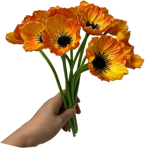 Miniatura 4 de 10 ramos de flores artificiales de 11 pulgadas, flores de amapola, anémona sintética de poliuretano, flores silvestres falsas para mesa de cocina,