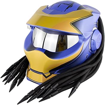 Full Face Motorcycle Helmet, Personality Flip Open Predator Motorcycle Helmet with Hair Braid And LED Light for Outdoor Riding Or Club Parties And Cosplay Prop, DOT,Blue,L