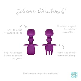Bumkins Baby Utensils Set, Chewtensils Silicone Spoons for Dipping, Self-Feeding, Baby Led Weaning, Trainer Learning, First Stage Eating, Soft Practice Fork and Spoon, Babies 6 Months, Purple