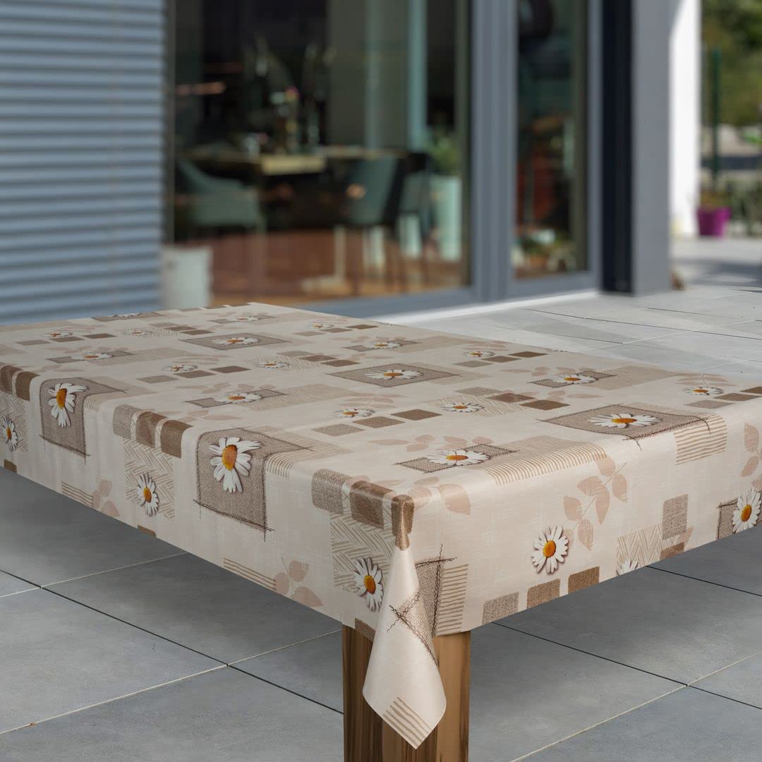 laro Wachstuch-Tischdecke Abwaschbar Wachstischdecke PVC Plastik-Tischdecken Eckig Meterware Abwischbar, Muster:Margerite Braun Beige, Größe:140x2000
