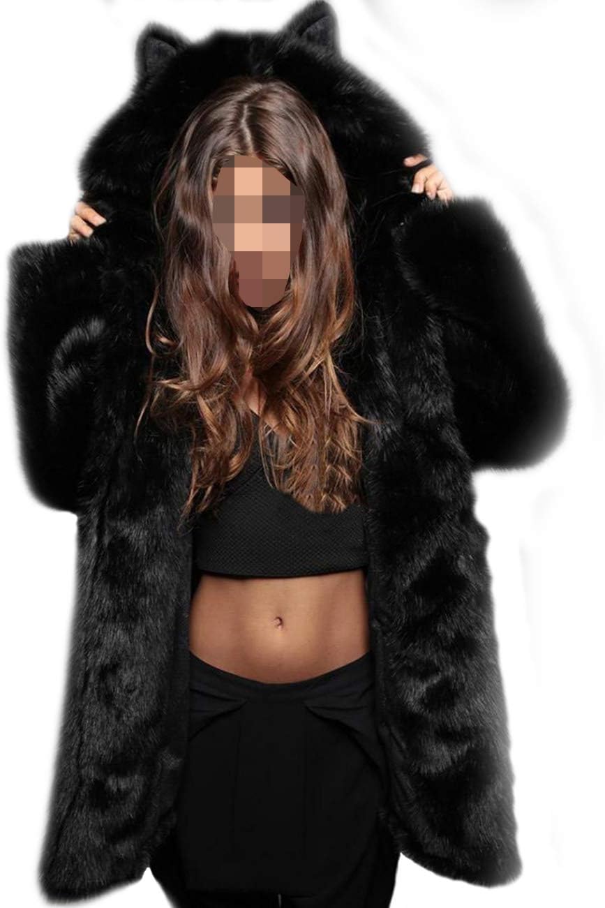 Fhillinuo Faux Fur Animals Coat With Hood And Ear For Women (Black Bear L)