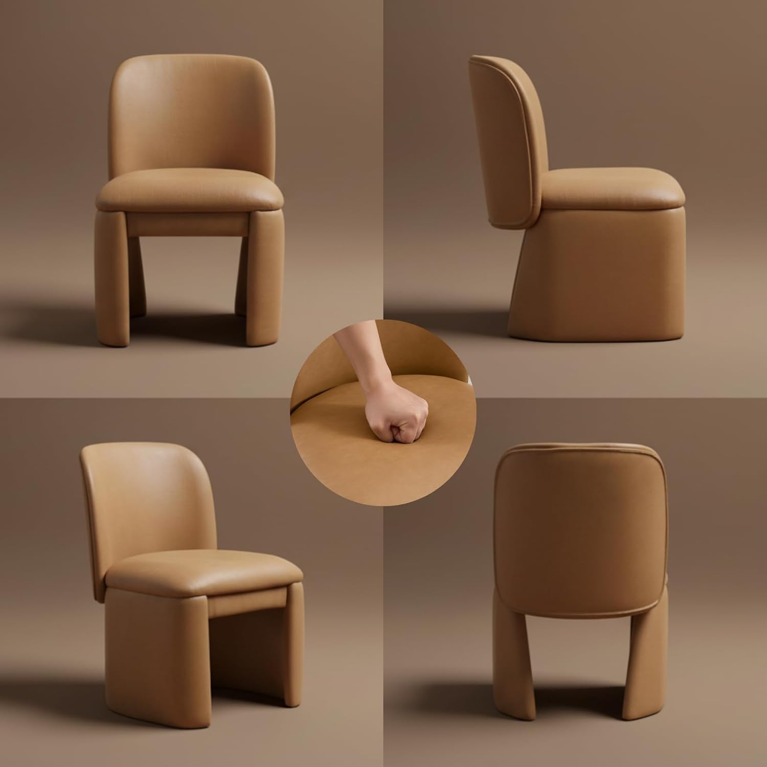 Modern Upholstered Dining Chairs Set of 6, Barrel Brown PU Leather Chairs with Wood Leg, Comfy Vanity Chair Side Chair with High Back for Dining Room Kitchen Living Room Reading Space