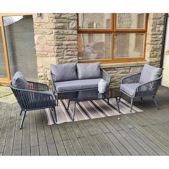 Image of 4 Seater Sofa Outdoor Conversation Patio Garden Rope Furniture Set with Cushion and Center Table Color for Garden /Balcony /Poolside in Grey