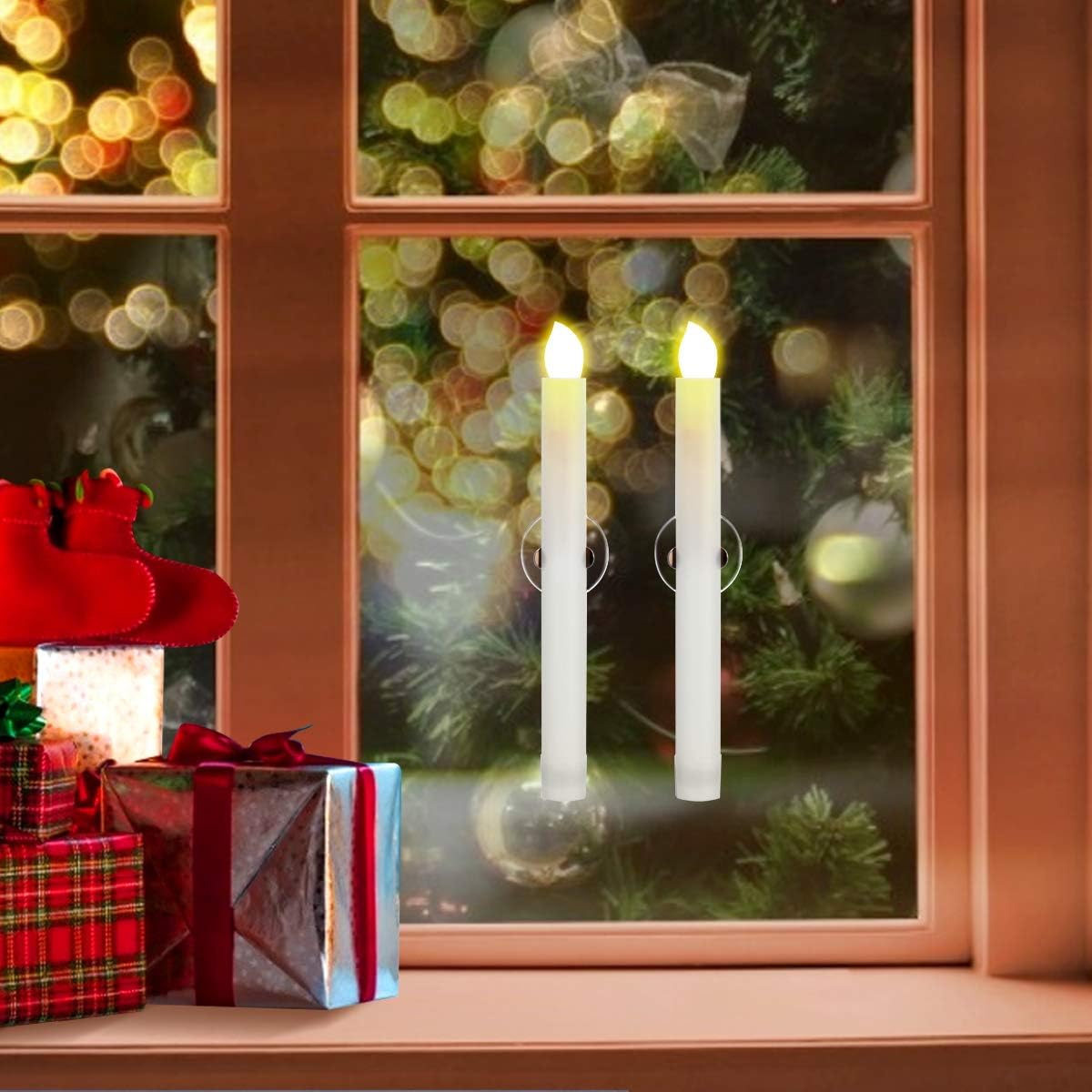 MAOYUE 12 Pack Window Candles Battery Operated Candles with Timer Flameless Candles Battery Candles with 2 Remote Controls Christmas Window Lights Flickering Candles for Christmas Decorations, Gold