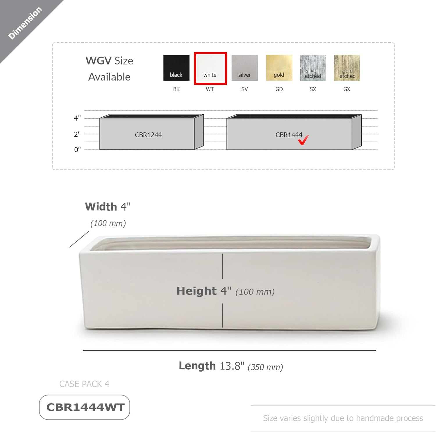 WGVI Long Rectangle Ceramic Planter Vase in White 14" x 4" x 4"H, Rectangular Box Block Terrarium Pot, Flower Arrangement, Tabletop Centerpiece, Home Decor Organization Storage Container, 1 Pc.