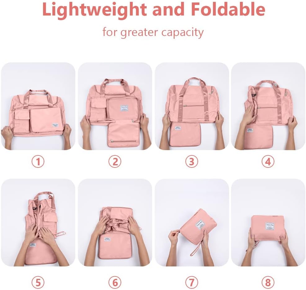 Travel Duffel Bag, Foldable Gym Bag with Luggage Tag, Large Capacity Weekend Overnight Bags with Wet and Dry Separation Bag, Waterproof Sports Tote Bag, for Travel, Sports, Gym (Pink)