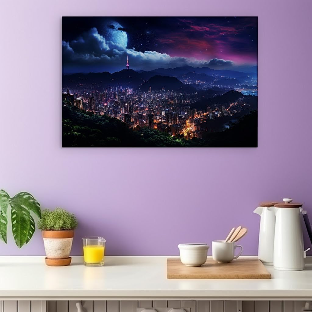 Canvas for Living room. Luminous Nights and Mountain Silhouettes: Urban Splendor Under the Moon's Silver Glow, 27 x 18 inch Canvas Wall Art - Contemporary Masterpieces - Modern Home Decor