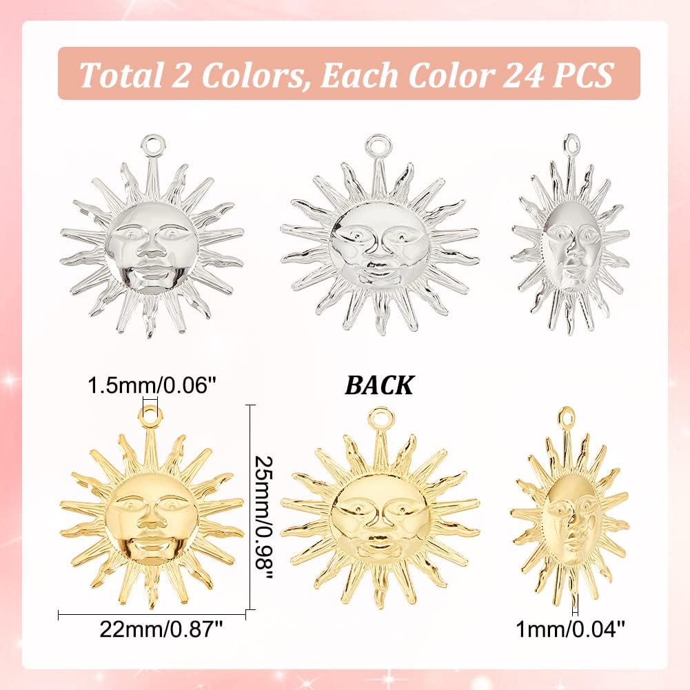 DICOSMETIC 48Pcs 2 Colors Vintage Sun Smile Celestial Pendants Brass Sun Charms Tibetan Style Jewelry Findings for Necklace Bracelet Making, Hole: 1.5mm - Image 2