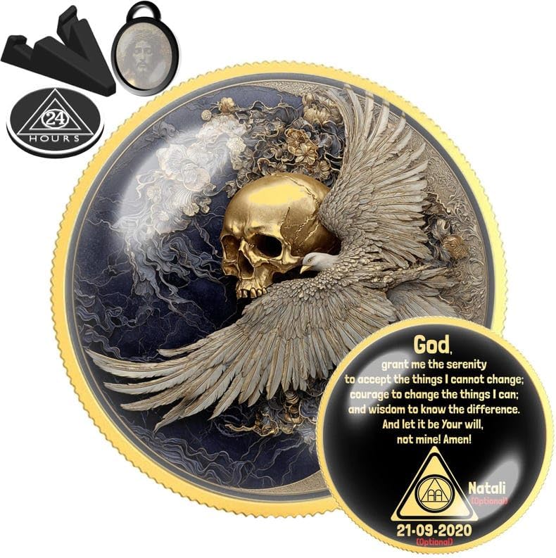 Skull Eagle Wings Sobriety Coin | Personalized AA NA Recovery Token | Custom Name Sobriety Date | Gold or Silver | Sobriety Chip Gift (Silver)