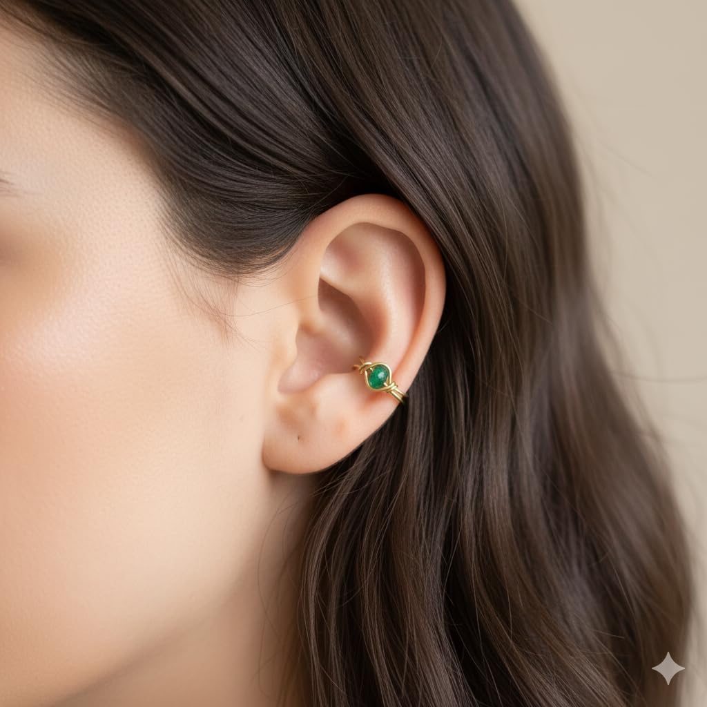 14k Gold Filled Emerald Clip On Ear Cuff, Non Piercing Dainty Huggie Gemstone Earring, May Birthstone - Image 3
