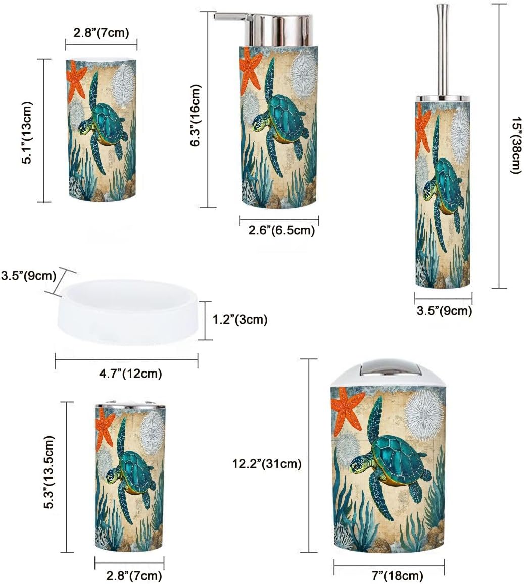 Bathroom Accessories Set 6 Pcs Bathroom Beach Ocean Sea Turtle Octopus Coastal Teal Vintage Whale Toothbrush Holder Cup Soap Dispenser Soap Dish Toilet Brush Holder Trash Can for Countertop Decor