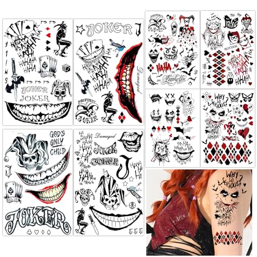 Qpout 8 große Blätter Joker temporäre Tattoos gruseliger Clown Halloween Cosplay Fake Tattoo Aufkleber perfekt für Männer Frauen Erwachsene Maskerade Party Make-up Zubehör