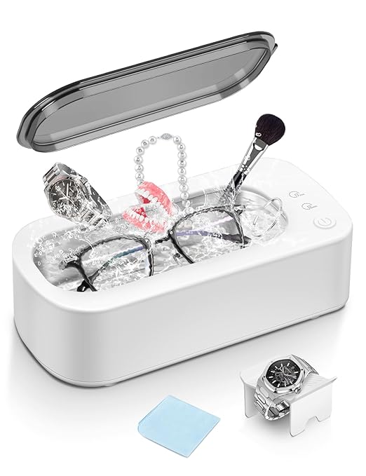 Jewelry Cleaner, Ultrasonic Jewelry Ring Cleaner 48kHz Portable Glasses Cleaner Machine with 2 Modes Timer Jewelry Cleaner Machine for Eye Glasses, Silver Jewelry, Watch Strap, Makeup Brush(350ml)