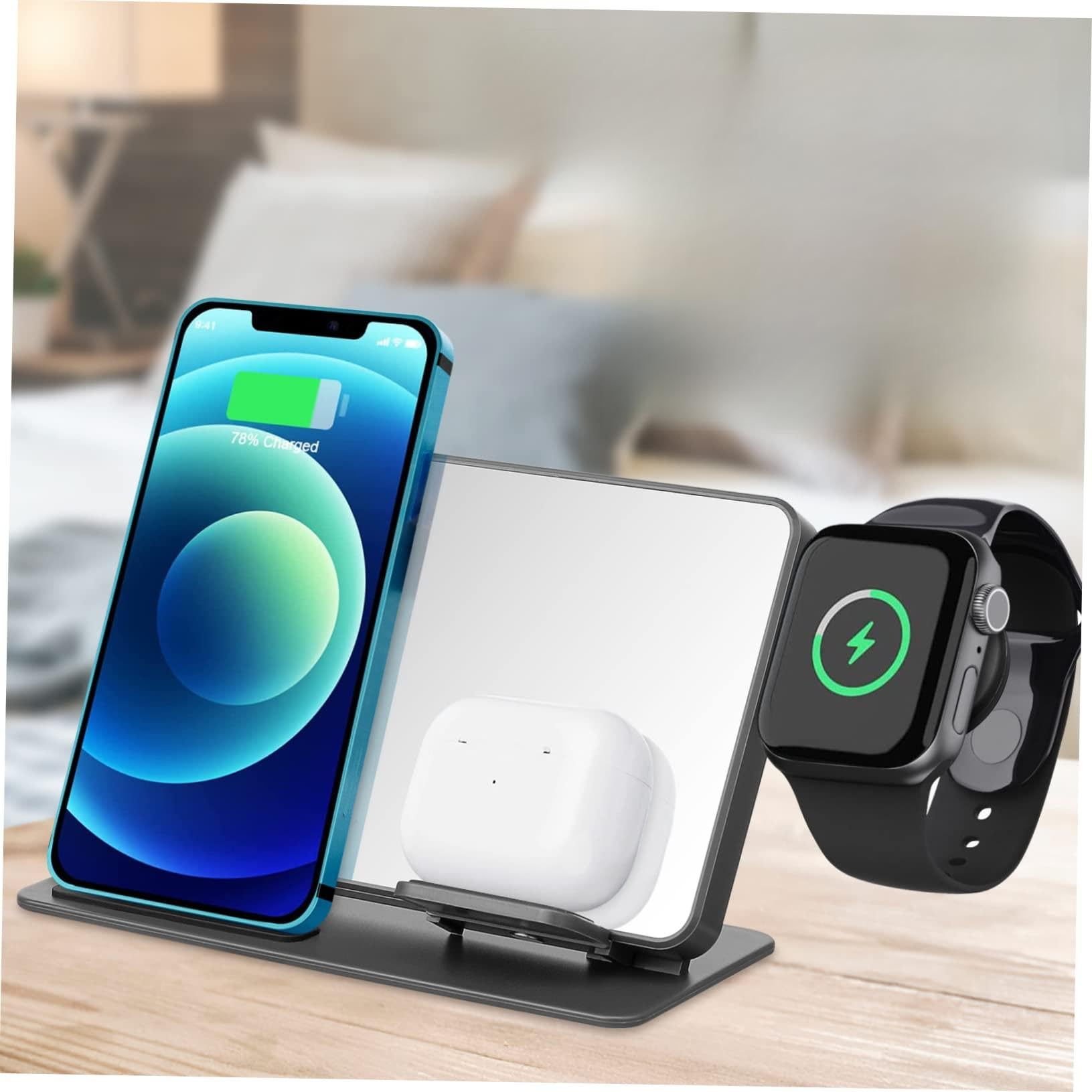 KOMBIUDA Stazione Ricarica Wireless Multifunzione Per Telefono e Orologio Con Display Digitale e Visualizzazione Temperatura