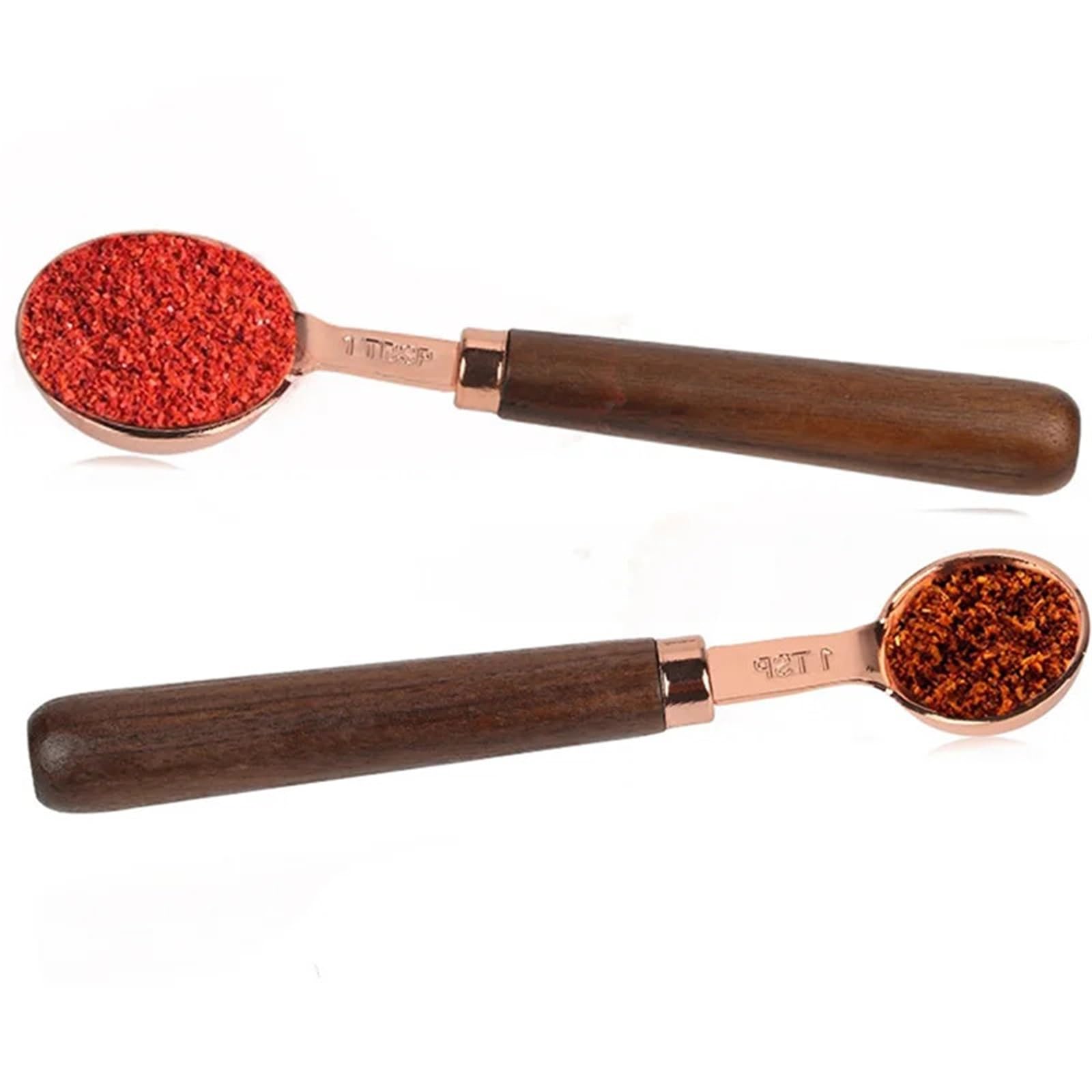 Messbecher- und Löffel-Set, Walnuss-Griff, Edelstahl, plattiertes Kupfer, Metall, Messschaufel, Backset, Küchenzubehör für Flüssigkeiten und Feststoffe