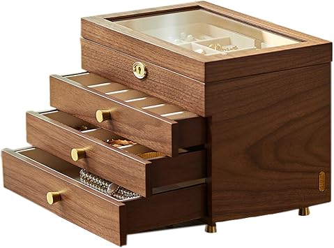 Wooden Jewelry Box with Glass Lid Drawer Jewelry Organizer for Necklaces Rings Bracelets and Jewelry Accessories Gift for Loved Ones,Lockable glass cover