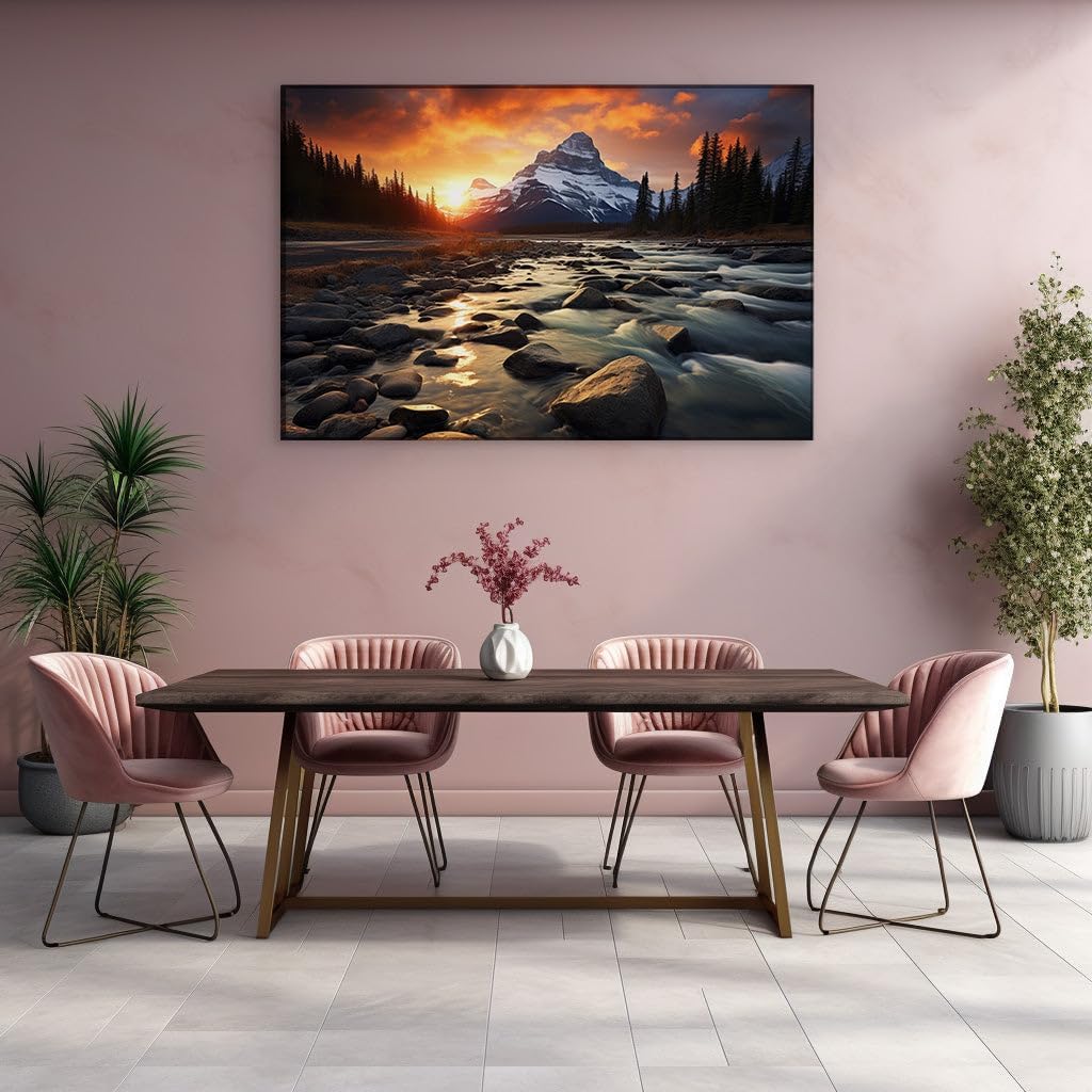 Canvas for Living room. Majestic River Serpentine Through Enchanted Valleys Beneath Mount Robson's Frosty Crown, 27 x 18 inch Canvas Wall Art - Modern Home Decor - 69x46 cm (27x18 inch)