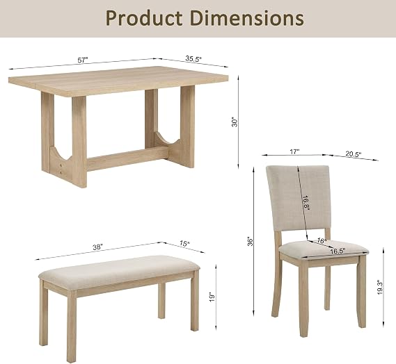 LUMISOL 6-Piece Dining Table Set with Bench, Rectangular Kitchen Table Set with U-Shaped Base, 4 Upholstered Chairs and Bench for Kitchen, Dining Room, Light Oak & Beige
