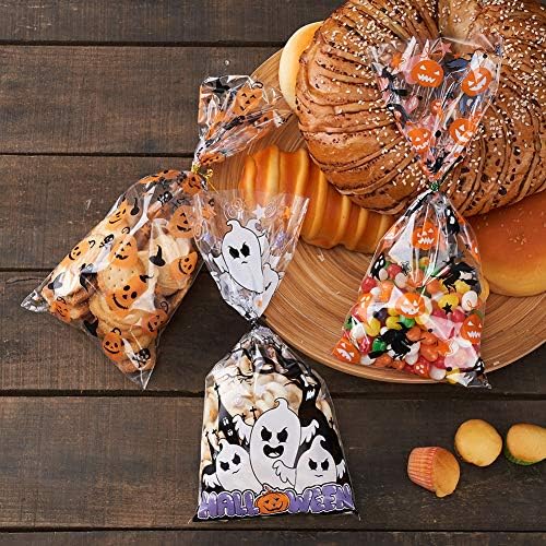 VEYLIN Cellophane Treat Bags, 150 Pack Clear Sweet Bags with 300 Twist Tie for Halloween Party Supplies, 3 Styles