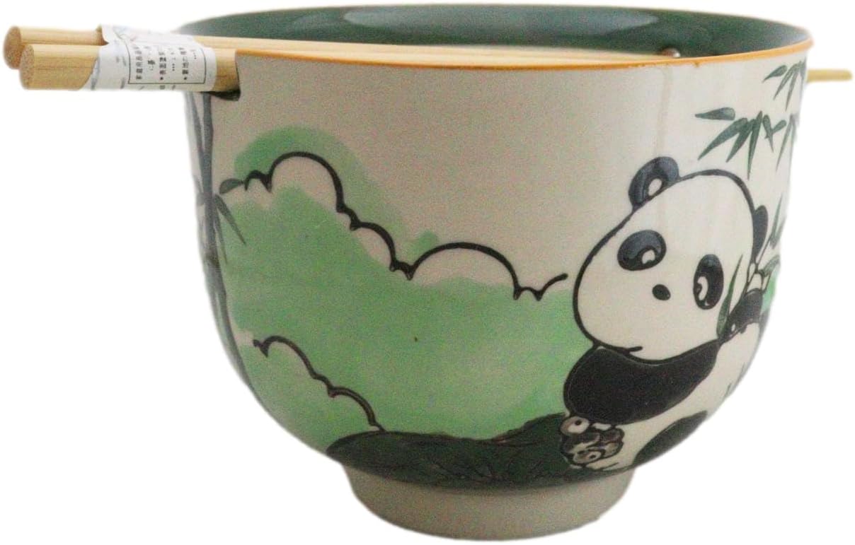 Ebros Gift Artistic Donburi Ramen Udon Noodles Soup Salad 5" D 18Oz Bowl With Bamboo Chopsticks And Built In Rest Set Asian Dining Kitchen Accent (Bamboo Green Panda Bear)