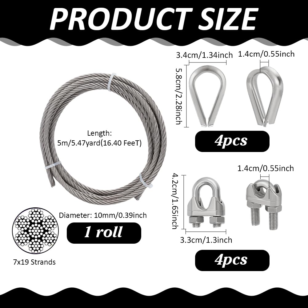 PH PandaHall Cable de acero inoxidable de 10 mm, 5 m, 7 x 19 hebras, cable de metal con guardacabos y abrazaderas, cuerda de alambre de avión para equipos de elevación de barcos, teleféricos