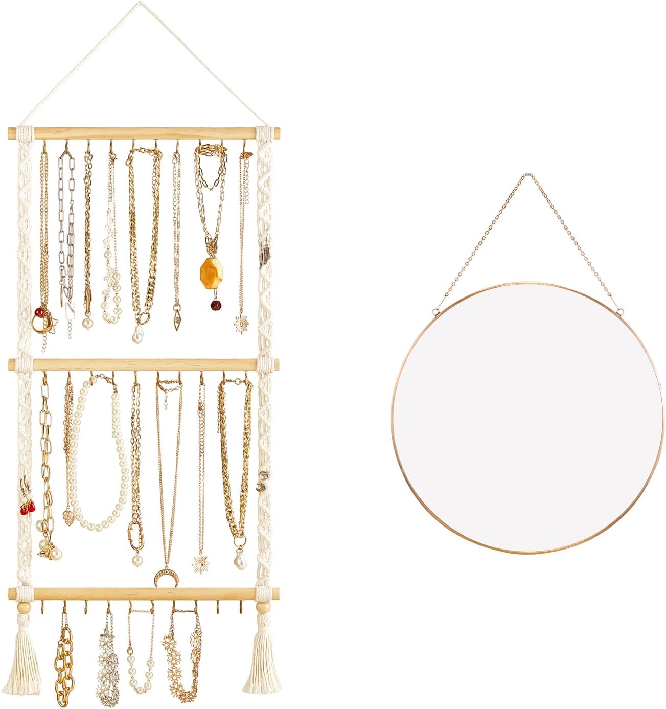 Dahey Hanging Jewelry Organizer Necklace Holder with 30 Hooks Over Door Necklace Rack for Necklaces Bracelet Earrings Display Wall Mounted Hanging Circle Mirror for Living Room Bathroom Bedroom