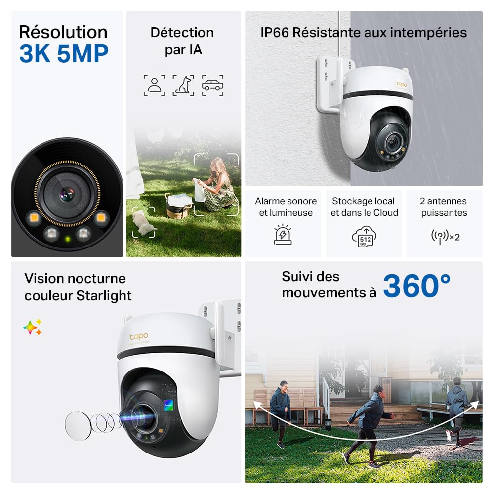 Tapo C530WS Caméra de Surveillance extérieure 360° 3K 5MP Vision Nocturne Couleur Starlight Détection IA Suivi de Mouvement WLAN Ethernet