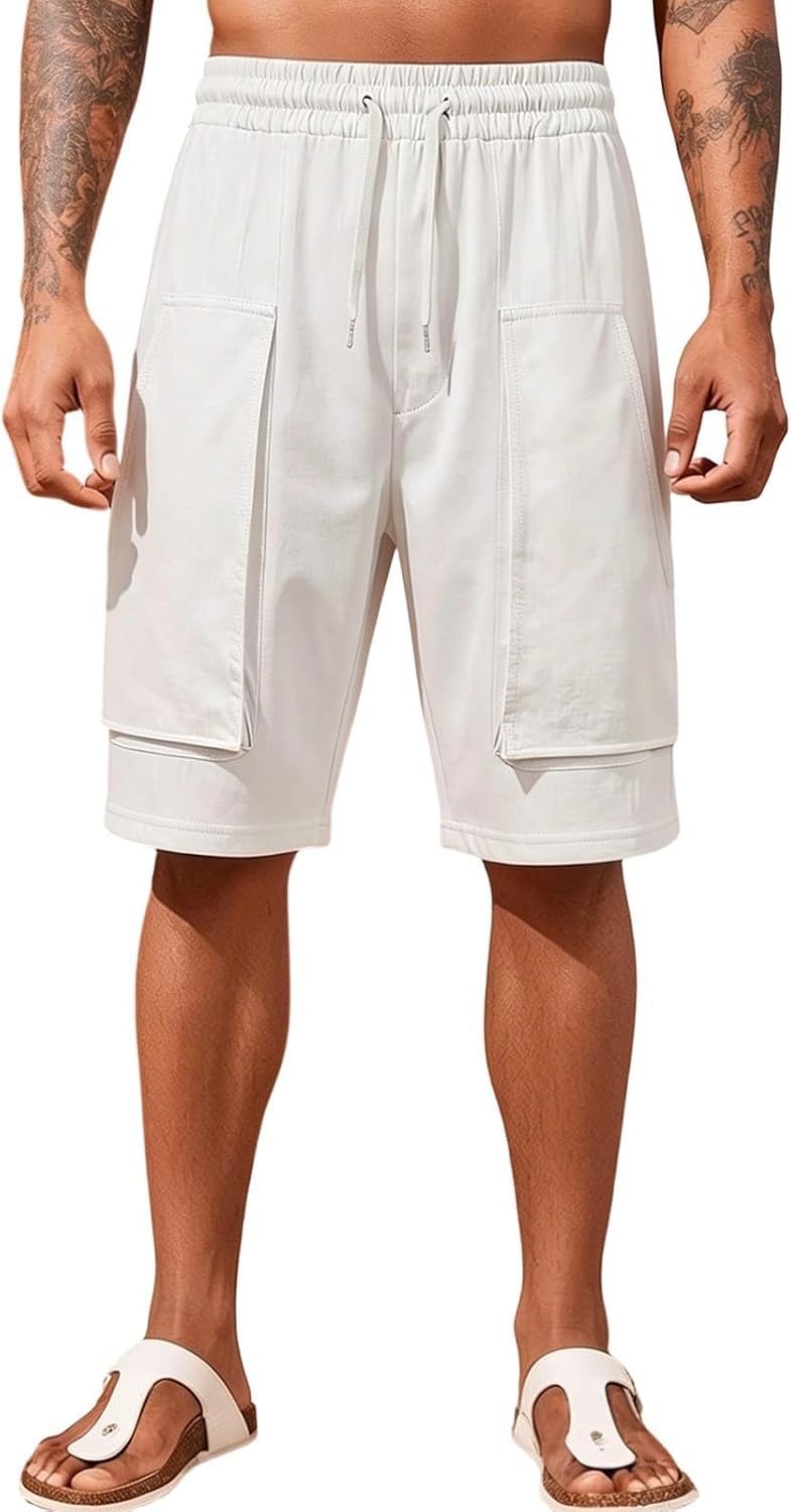 Men’s Linen Shorts Summer Elastic Waist Drawstring Lightweight Beach Short with Pockets Mens Drawstring Shorts