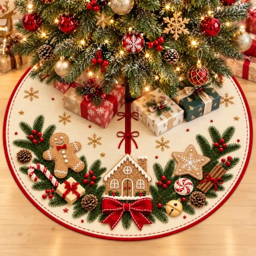 Christmas Tree Skirt, Festive Gingerbread Tree Skirt with Red Ties 90 Cm