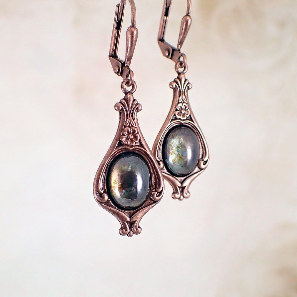 Rustic Antique Style Olive Green Cabochon Lever Back Earrings in Antiqued Copper Plated Brass