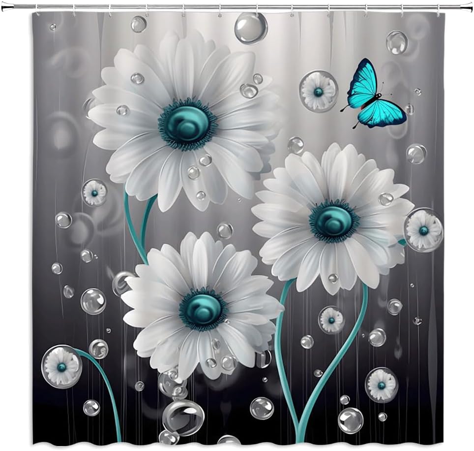 Daisy Shower Curtain White Flower Butterlfy Simulated Raindrop Grey Bubble Rustic Farmhouse Floral Bathroom Curtain with Hook